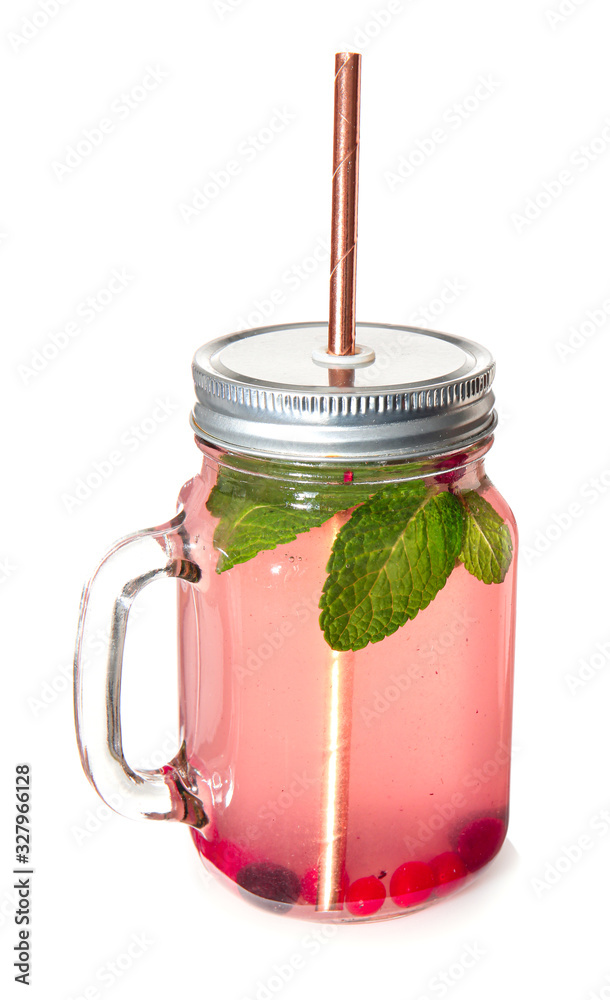 Mason jar of cold cocktail on white background