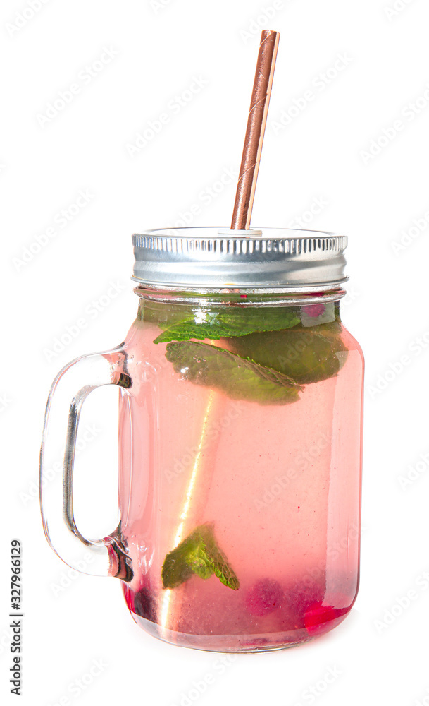 Mason jar of cold cocktail on white background