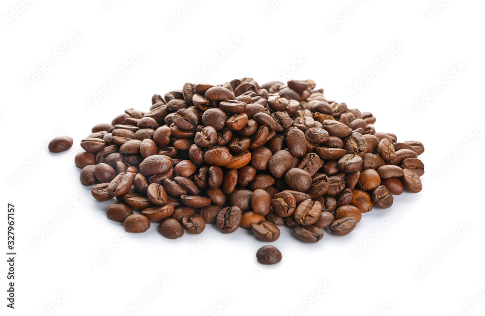 Heap of coffee beans on white background