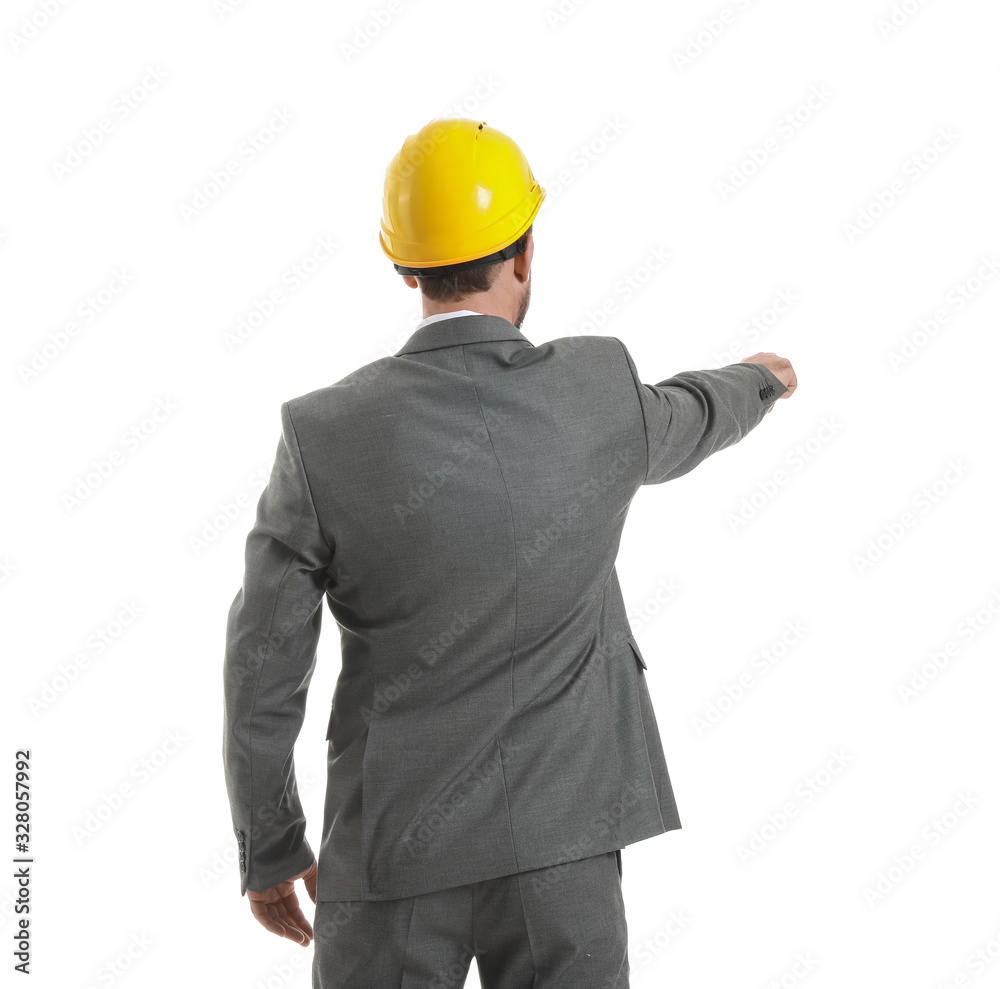 Male engineer showing something on white background, back view