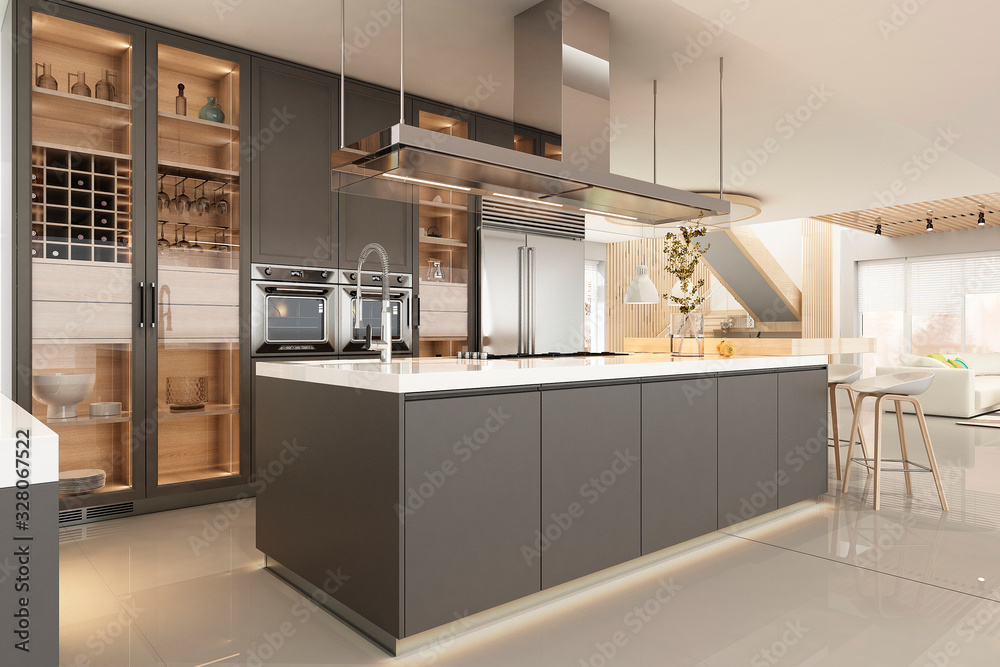 Modern kitchen interior. 3D Render