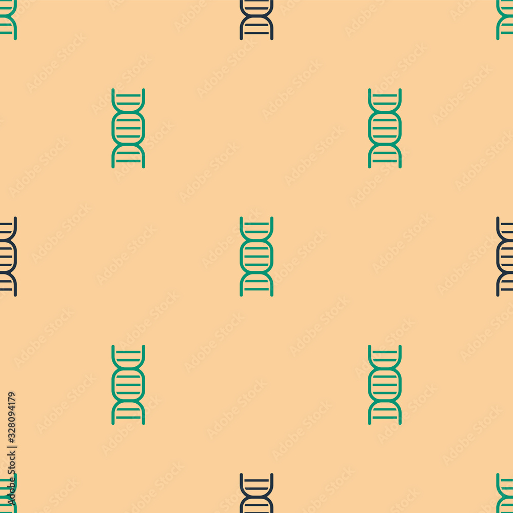 Green and black DNA symbol icon isolated seamless pattern on beige background. Vector Illustration