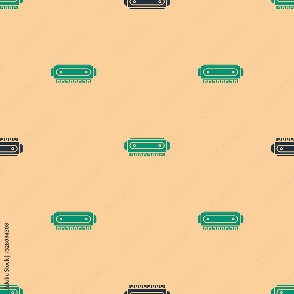 Green and black Harmonica icon isolated seamless pattern on beige background. Musical instrument. Ve