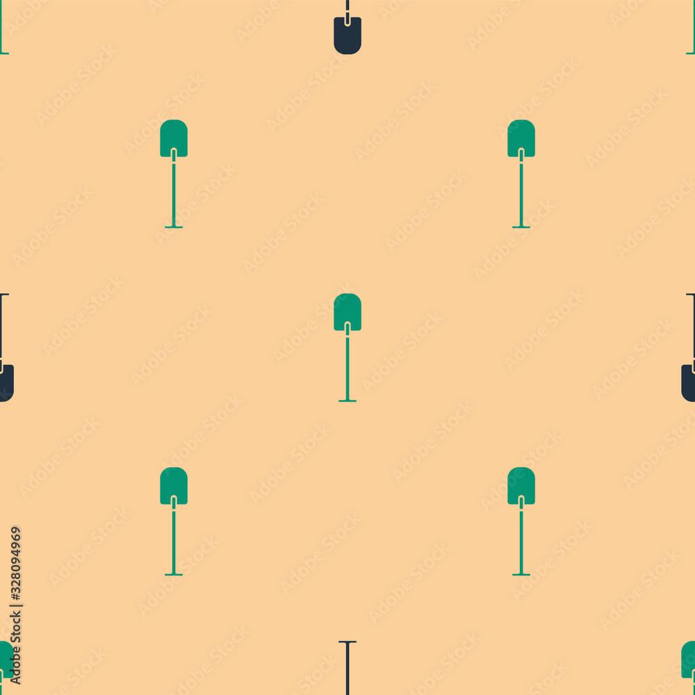 Green and black Shovel icon isolated seamless pattern on beige background. Gardening tool. Tool for 