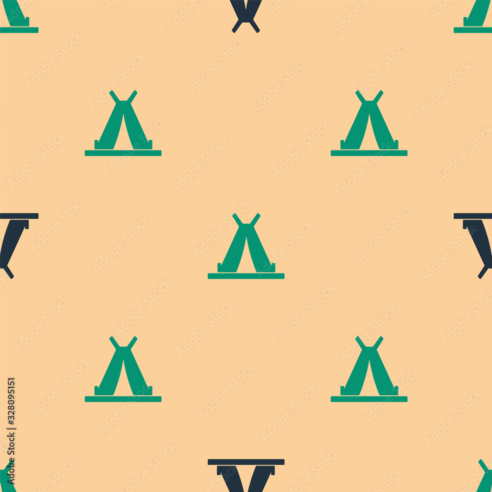 Green and black Traditional indian teepee or wigwam icon isolated seamless pattern on beige backgrou