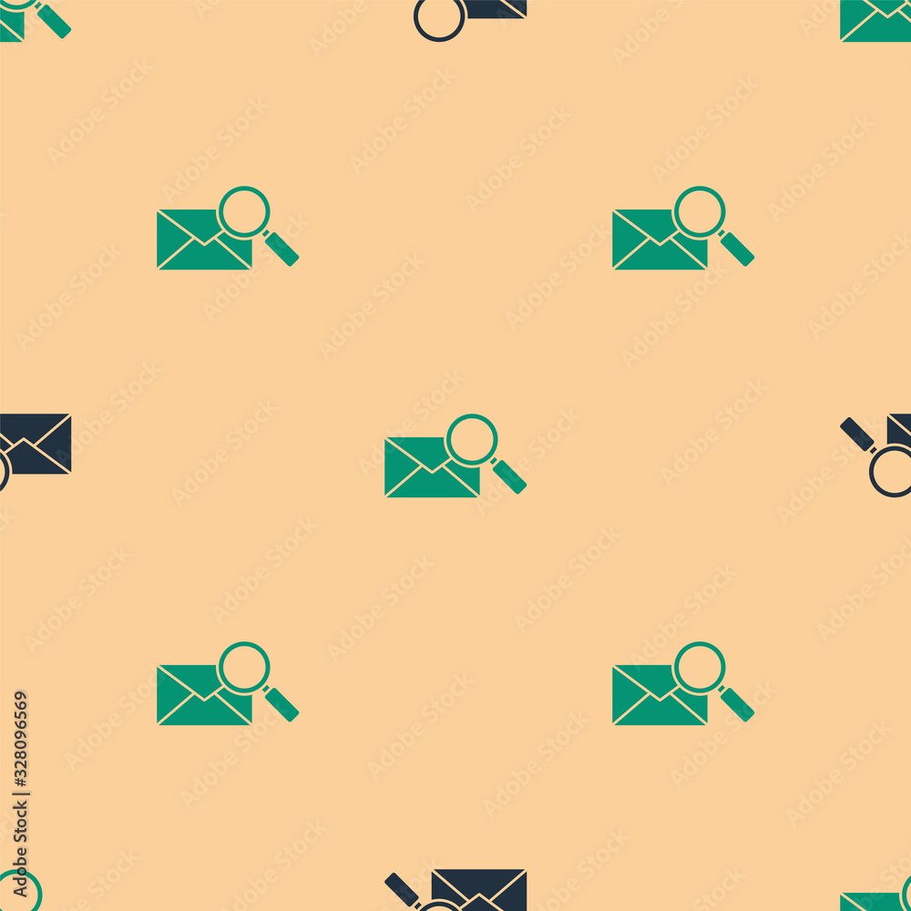 Green and black Envelope mail with magnifying glass icon isolated seamless pattern on beige backgrou