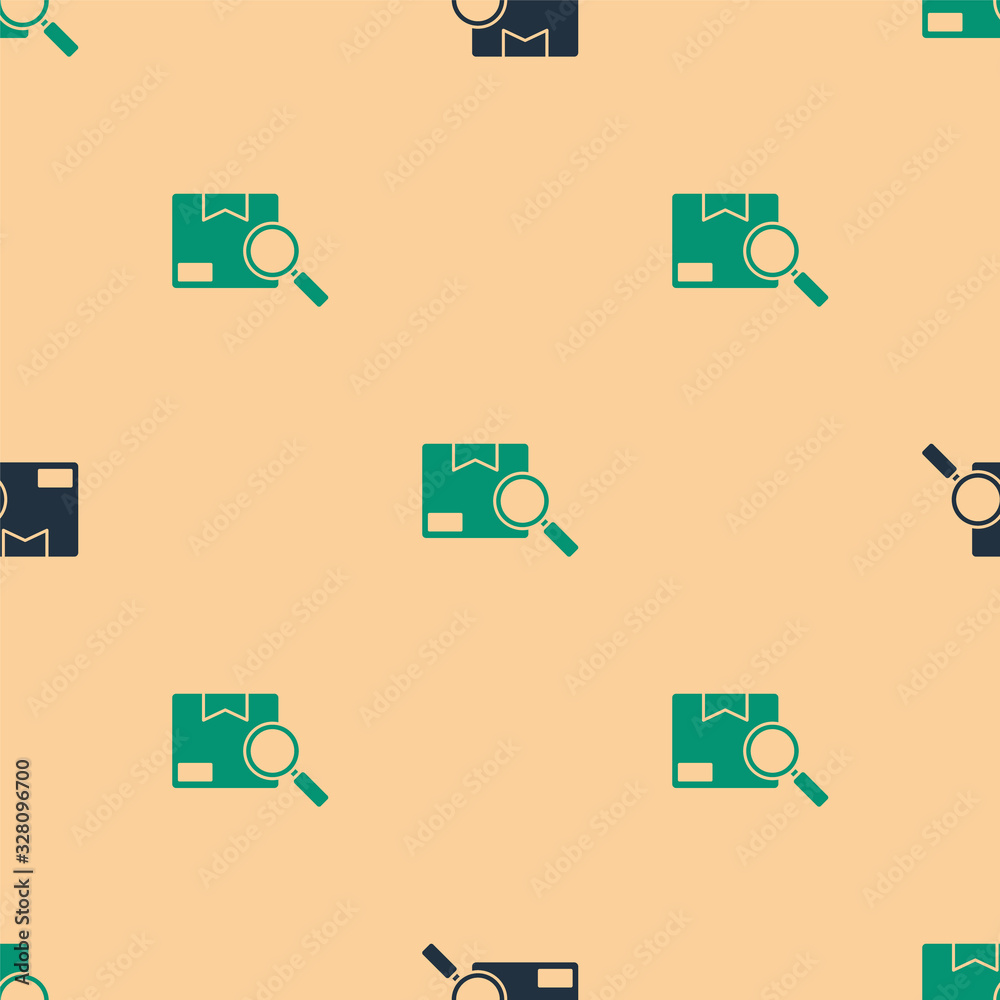 Green and black Search package icon isolated seamless pattern on beige background. Parcel tracking. 