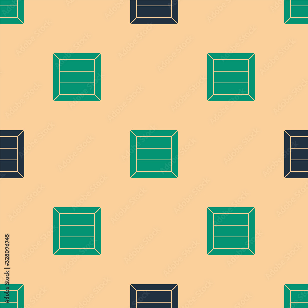 Green and black Wooden box icon isolated seamless pattern on beige background. Vector Illustration