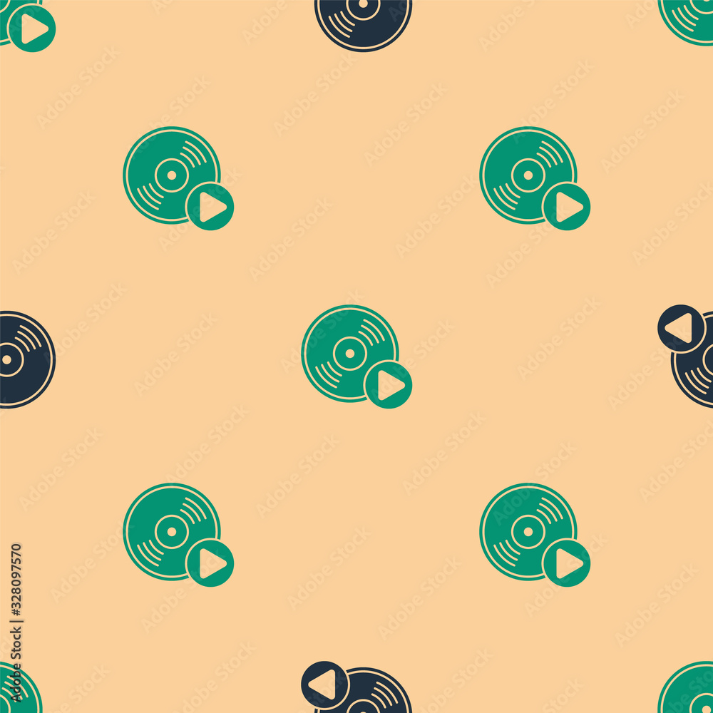 Green and black Vinyl disk icon isolated seamless pattern on beige background. Vector Illustration