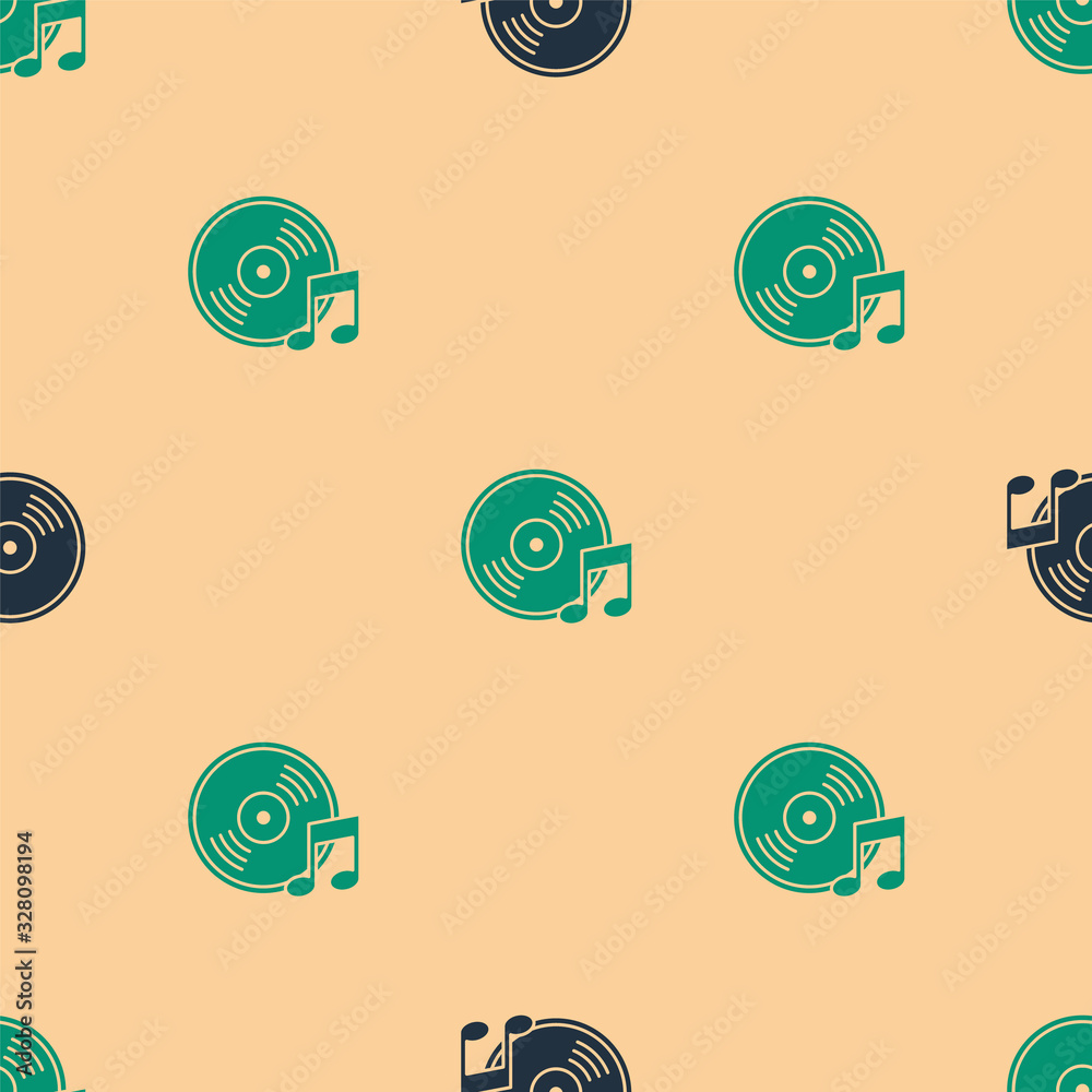 Green and black Vinyl disk icon isolated seamless pattern on beige background. Vector Illustration