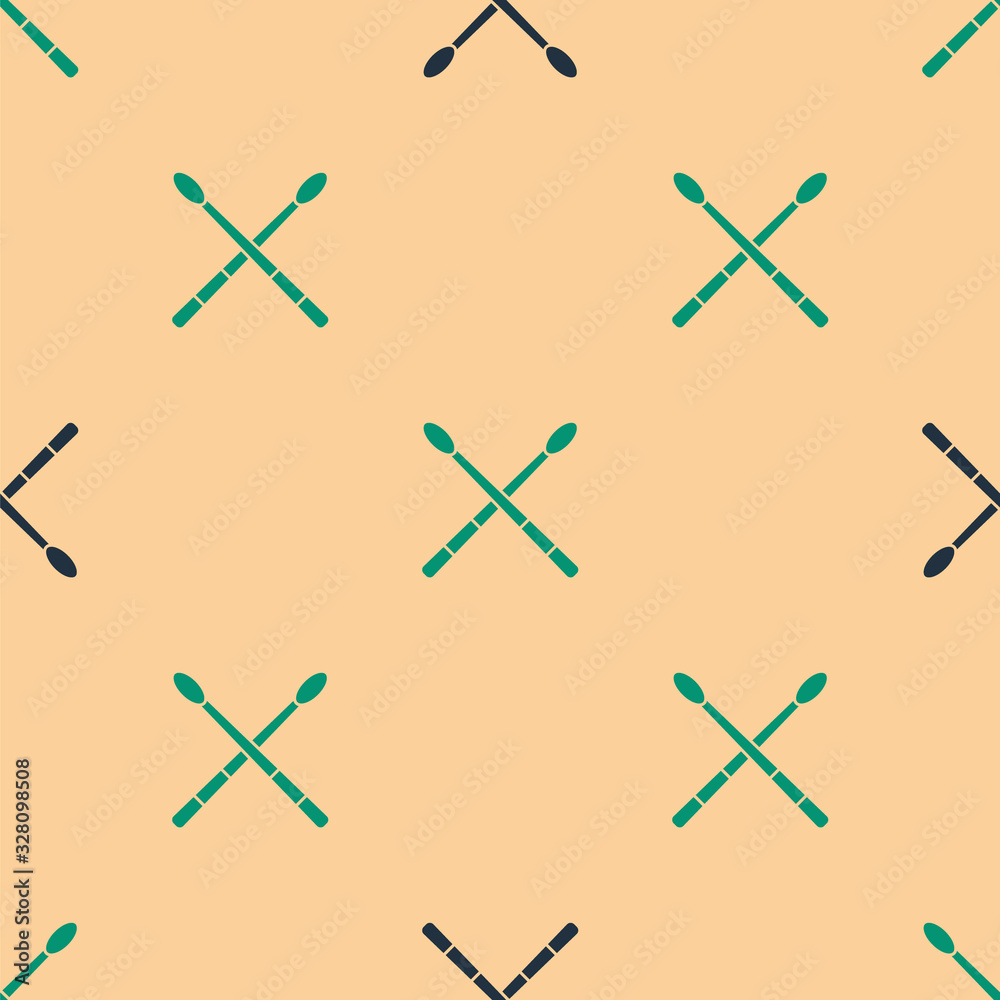 Green and black Drum sticks icon isolated seamless pattern on beige background. Musical instrument. 