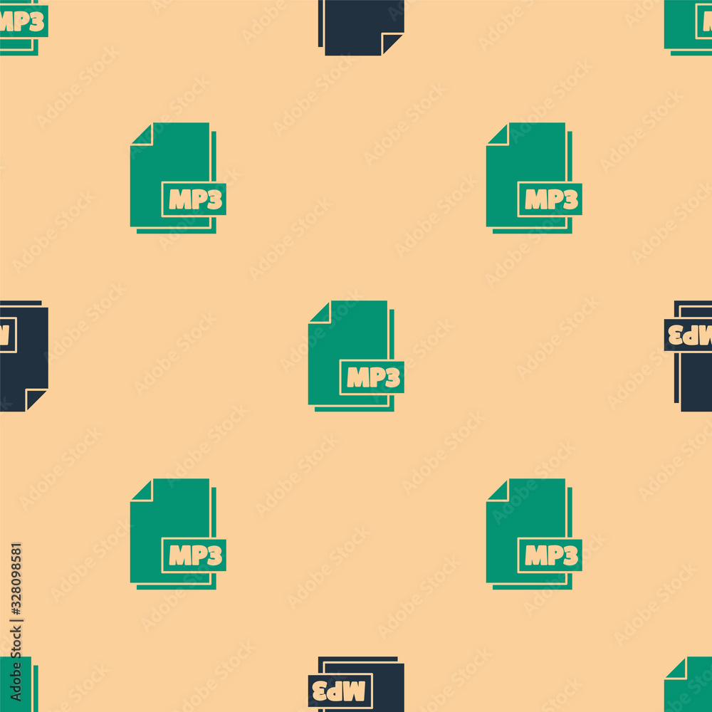 Green and black MP3 file document. Download mp3 button icon isolated seamless pattern on beige backg