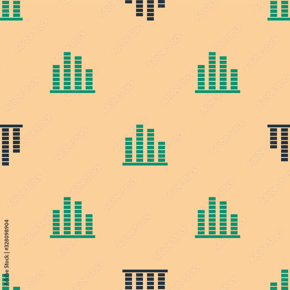 Green and black Music equalizer icon isolated seamless pattern on beige background. Sound wave. Audi