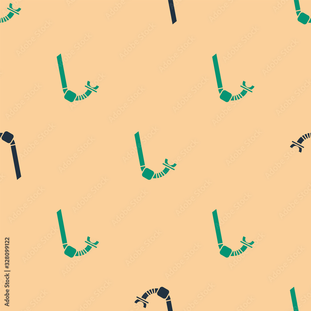 Green and black Snorkel icon isolated seamless pattern on beige background. Diving underwater equipm