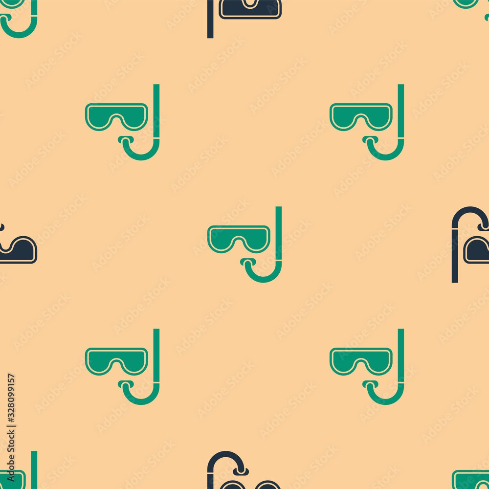 Green and black Diving mask and snorkel icon isolated seamless pattern on beige background. Extreme 