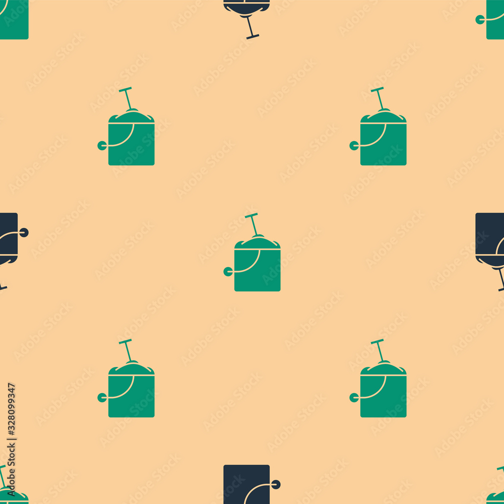 Green and black Sand in bucket with shovel icon isolated seamless pattern on beige background. Plast