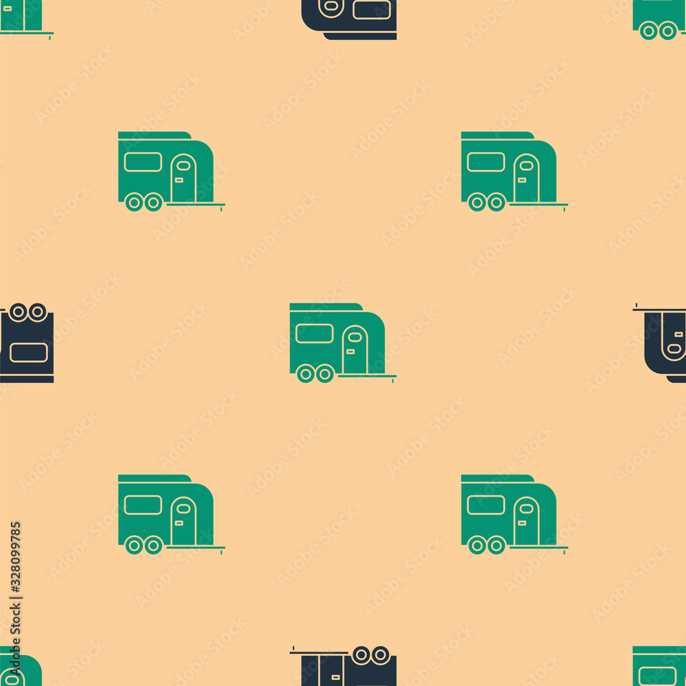 Green and black Rv Camping trailer icon isolated seamless pattern on beige background. Travel mobile