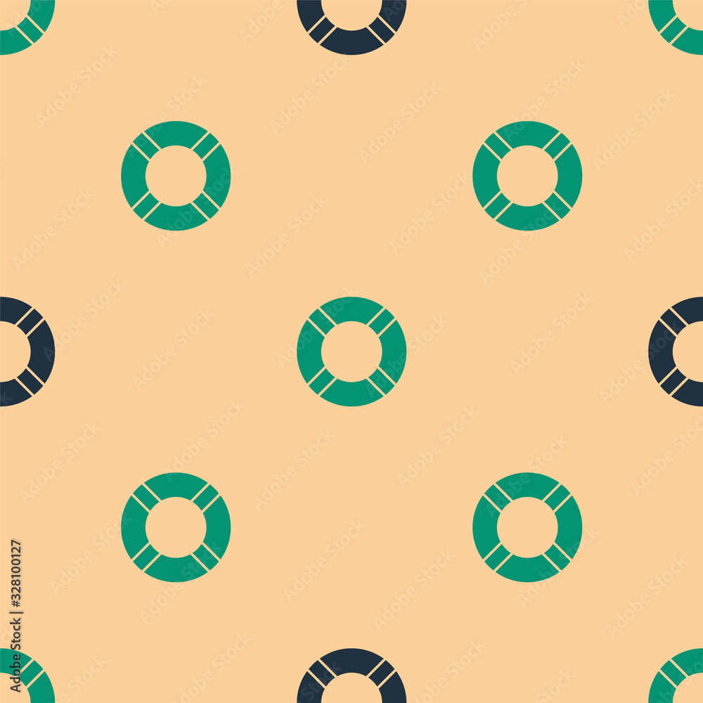 Green and black Lifebuoy icon isolated seamless pattern on beige background. Life saving floating li