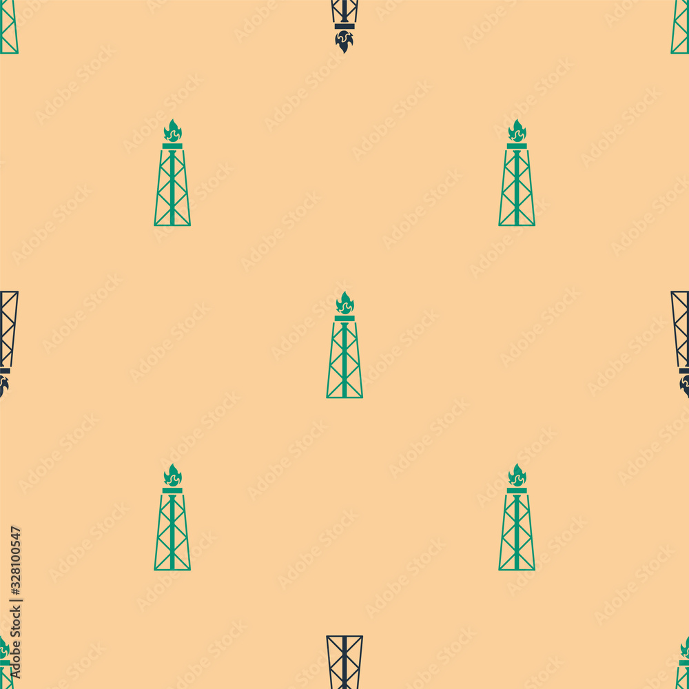 Green and black Oil rig with fire icon isolated seamless pattern on beige background. Gas tower. Ind