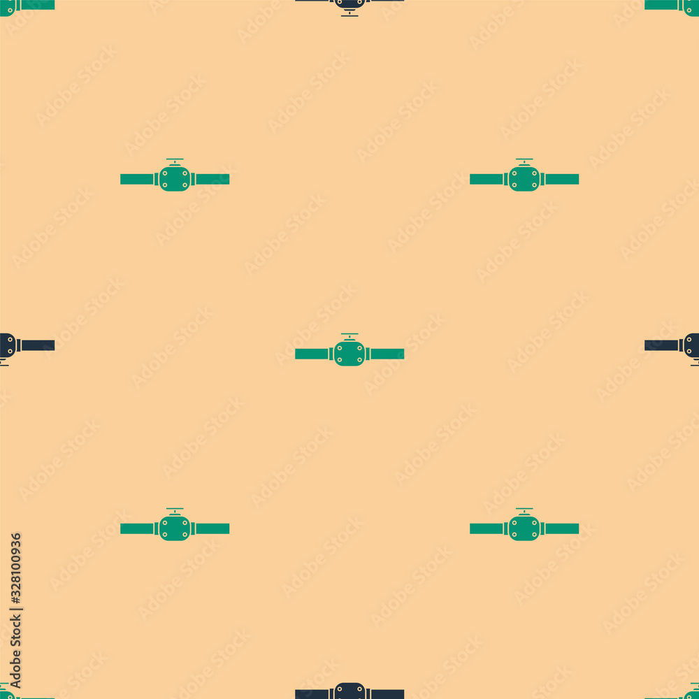 Green and black Industry metallic pipes and valve icon isolated seamless pattern on beige background