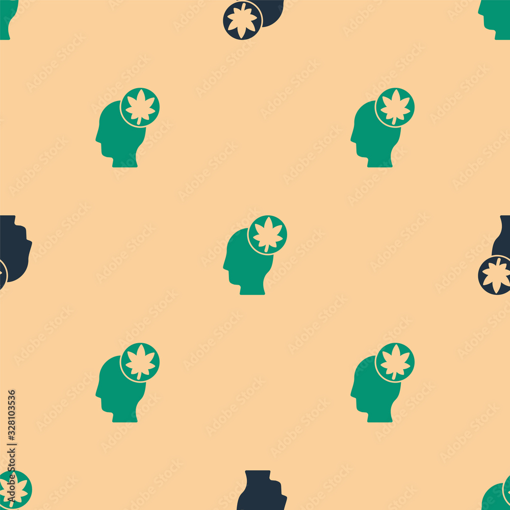 Green and black Human head with leaf icon isolated seamless pattern on beige background. Vector Illu