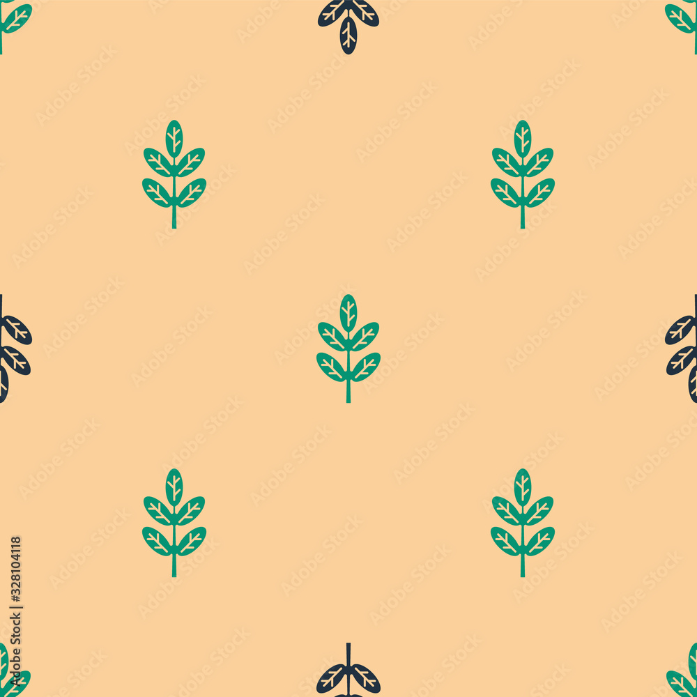 Green and black Leaf icon isolated seamless pattern on beige background. Leaves sign. Fresh natural 