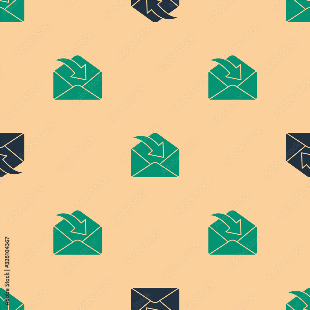 Green and black Envelope icon isolated seamless pattern on beige background. Received message concep