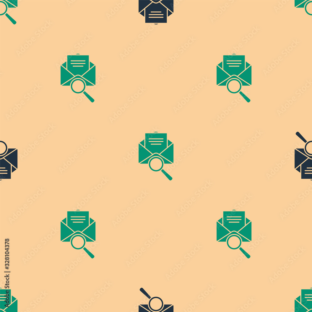 Green and black Envelope mail with magnifying glass icon isolated seamless pattern on beige backgrou