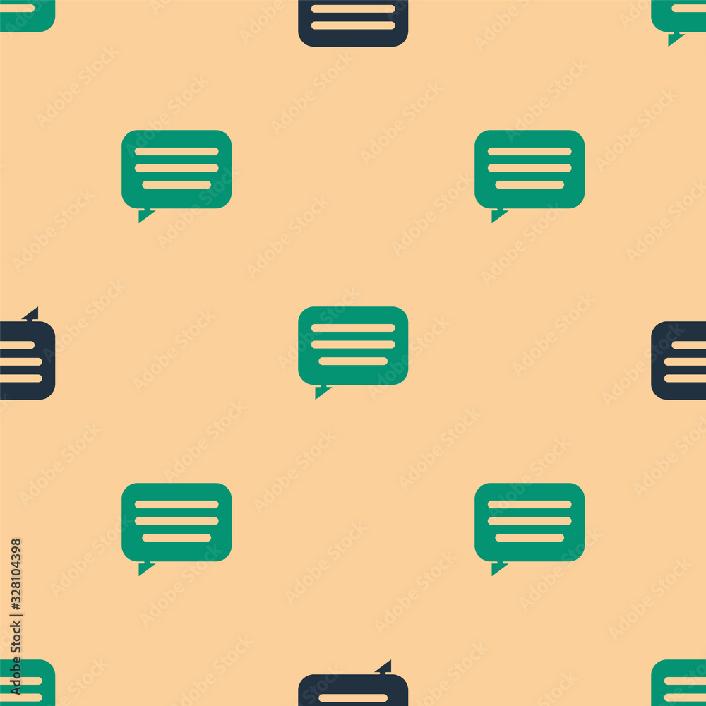 Green and black Speech bubble chat icon isolated seamless pattern on beige background. Message icon.