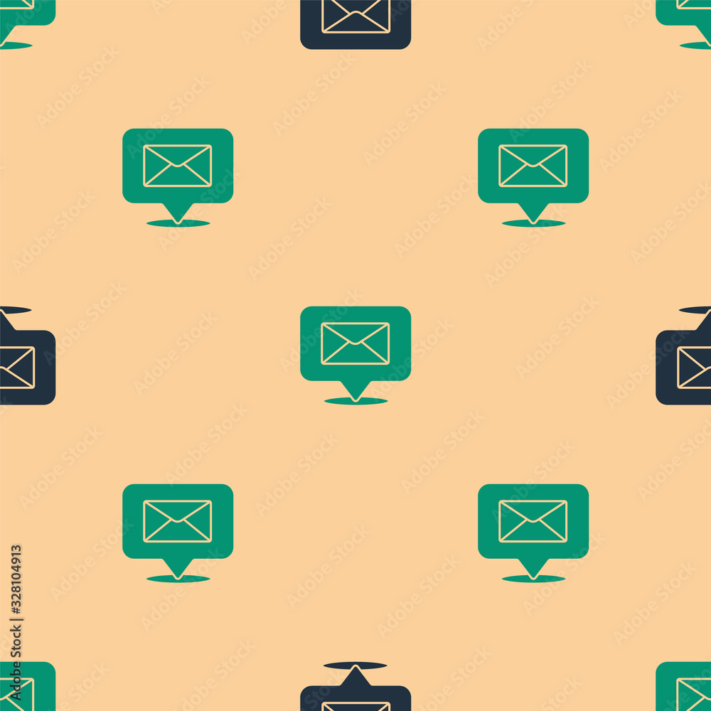 Green and black Speech bubble with envelope icon isolated seamless pattern on beige background. Vect