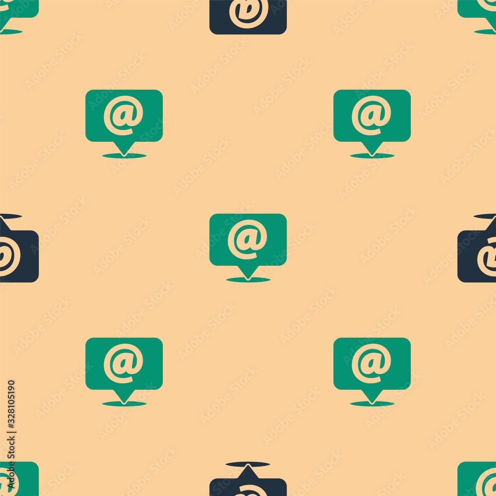 Green and black Mail and e-mail on speech bubble icon isolated seamless pattern on beige background.