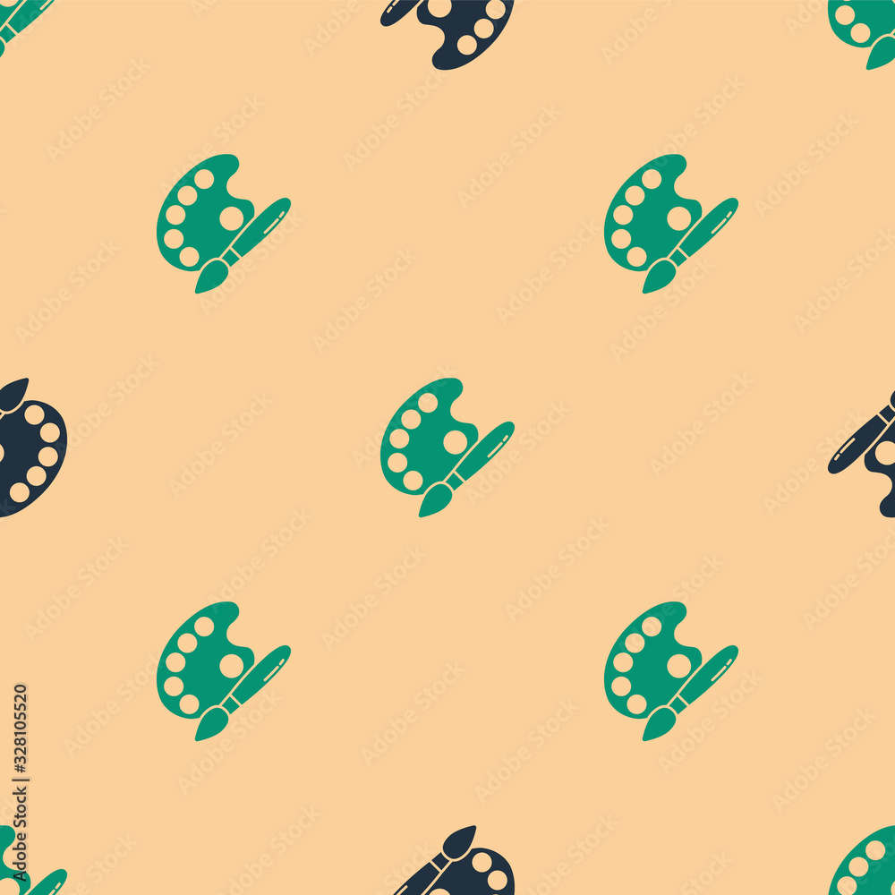 Green and black Paint brush with palette icon isolated seamless pattern on beige background. Vector 