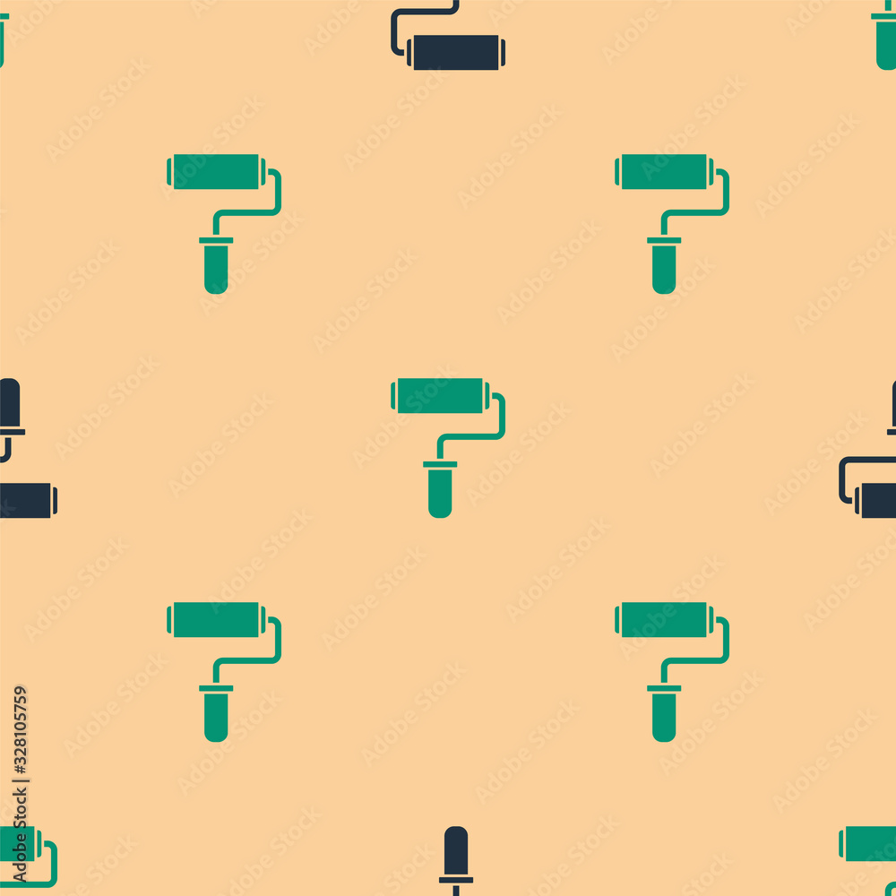 Green and black Paint roller brush icon isolated seamless pattern on beige background. Vector Illust