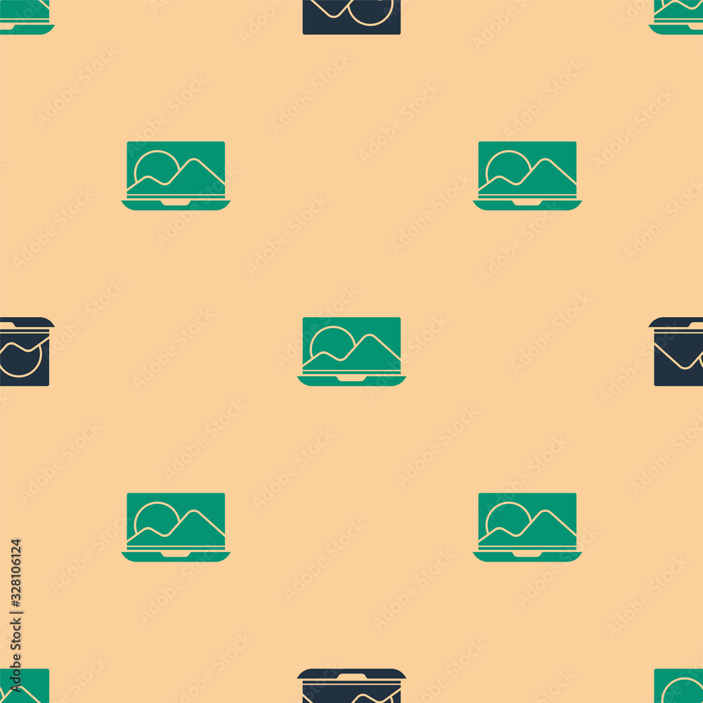 Green and black Laptop icon isolated seamless pattern on beige background. Computer notebook with em