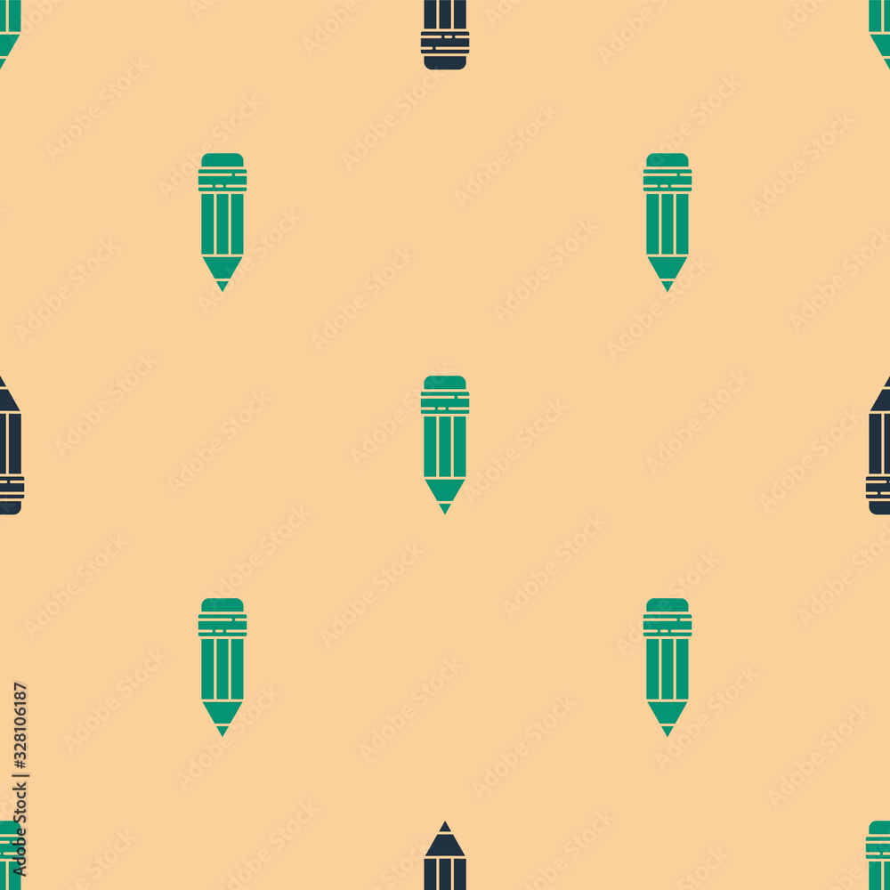 Green and black Pencil with eraser icon isolated seamless pattern on beige background. Drawing and e