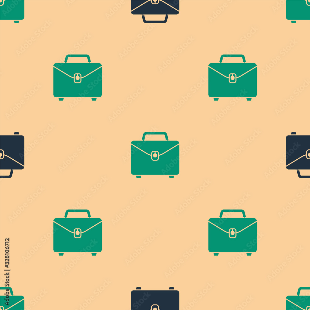 Green and black Briefcase icon isolated seamless pattern on beige background. Business case sign. Bu