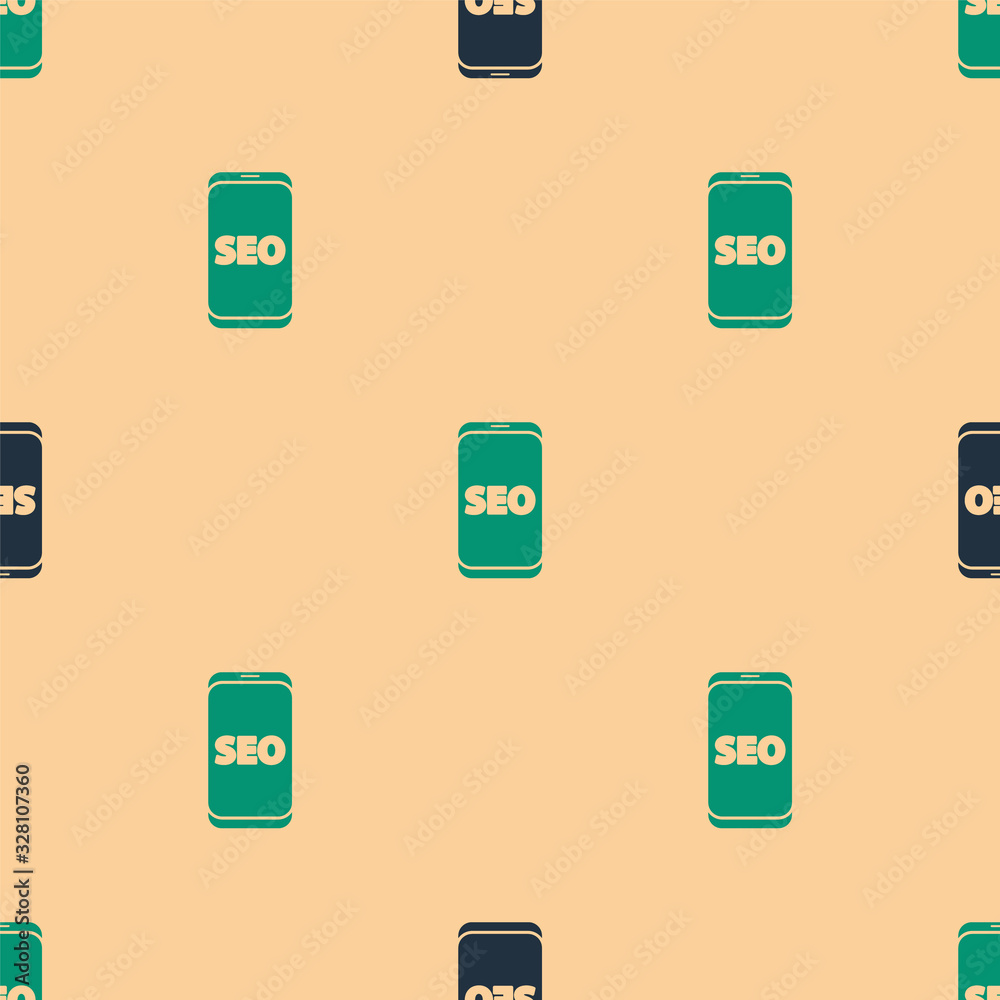 Green and black Mobile phone SEO optimization concept icon isolated seamless pattern on beige backgr