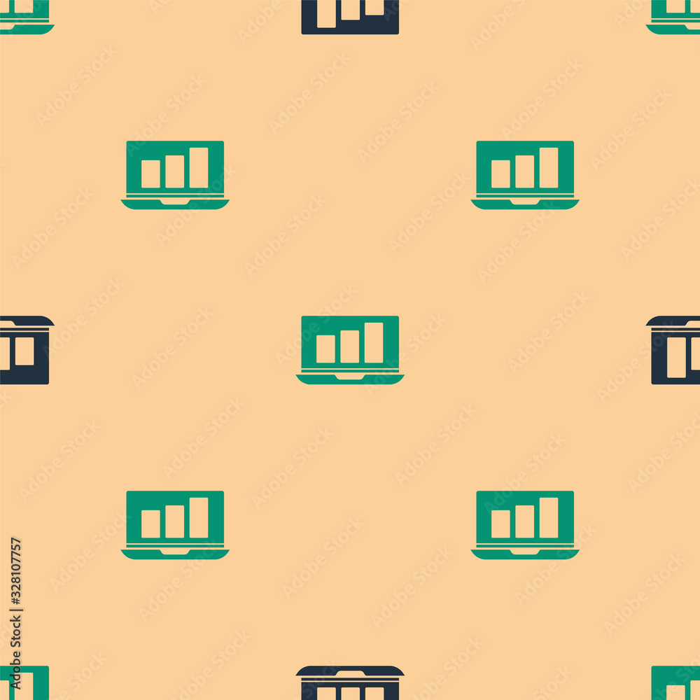 Green and black Laptop with graph chart icon isolated seamless pattern on beige background. Report t