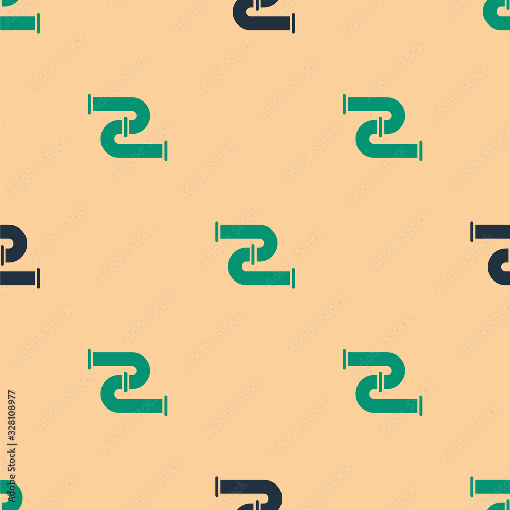 Green and black Industry metallic pipe icon isolated seamless pattern on beige background. Plumbing 