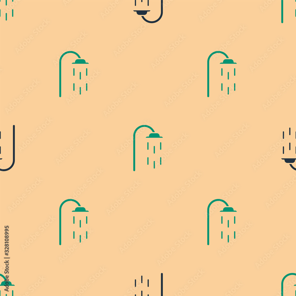 Green and black Shower head with water drops flowing icon isolated seamless pattern on beige backgro