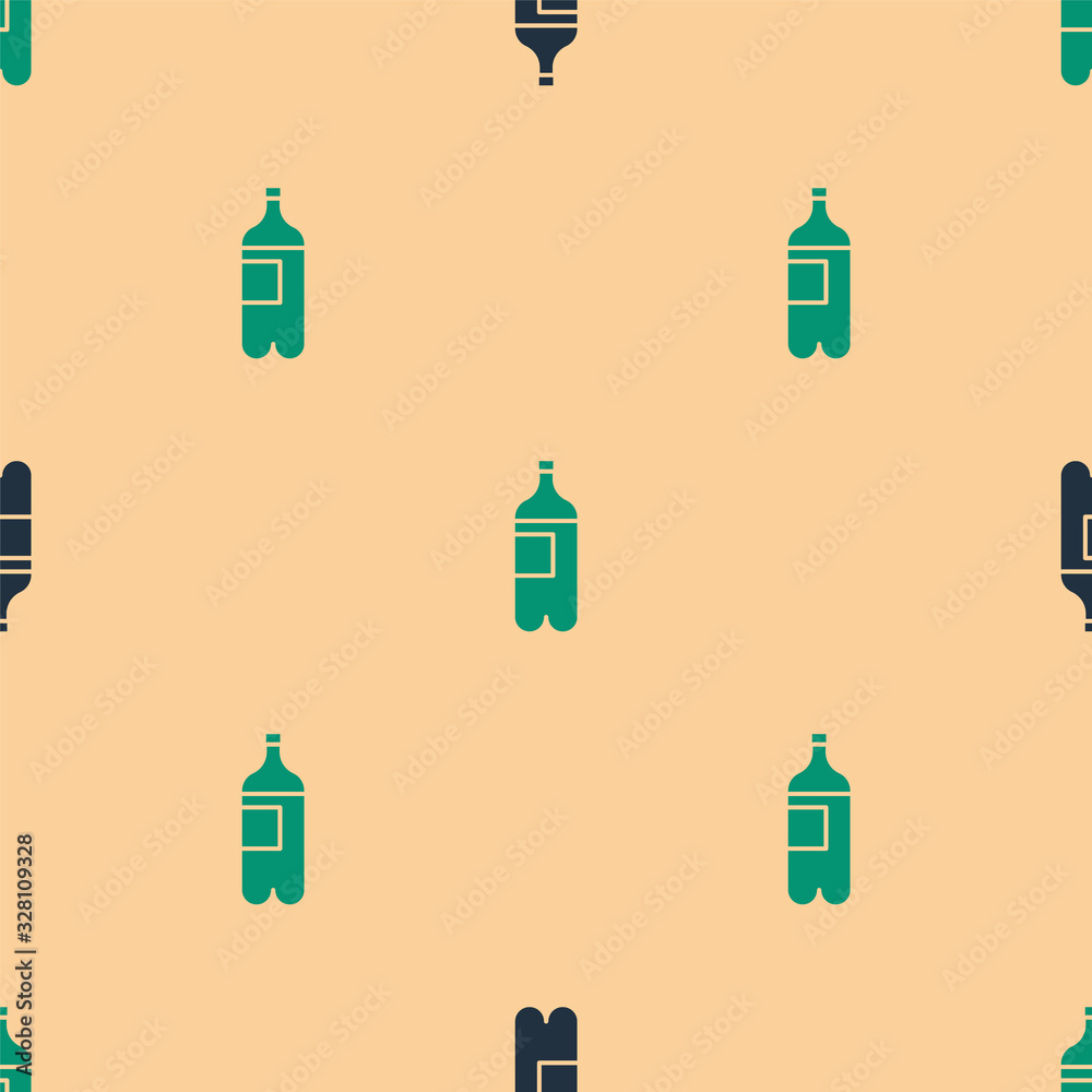 Green and black Bottle of water icon isolated seamless pattern on beige background. Soda aqua drink 