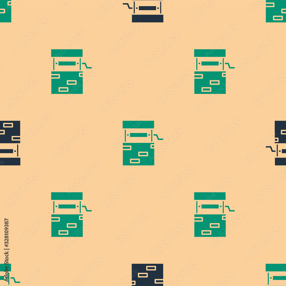 Green and black Well icon isolated seamless pattern on beige background. Vector Illustration