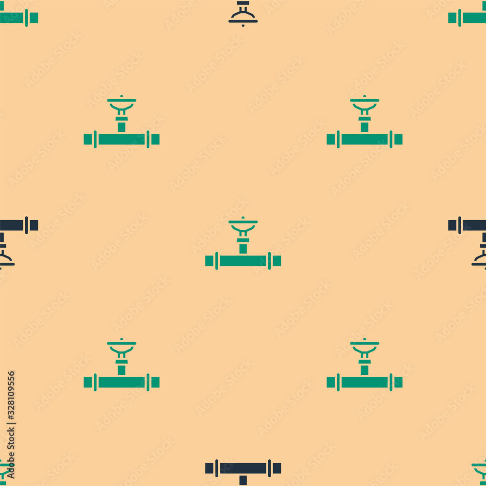 Green and black Industry metallic pipe and valve icon isolated seamless pattern on beige background.