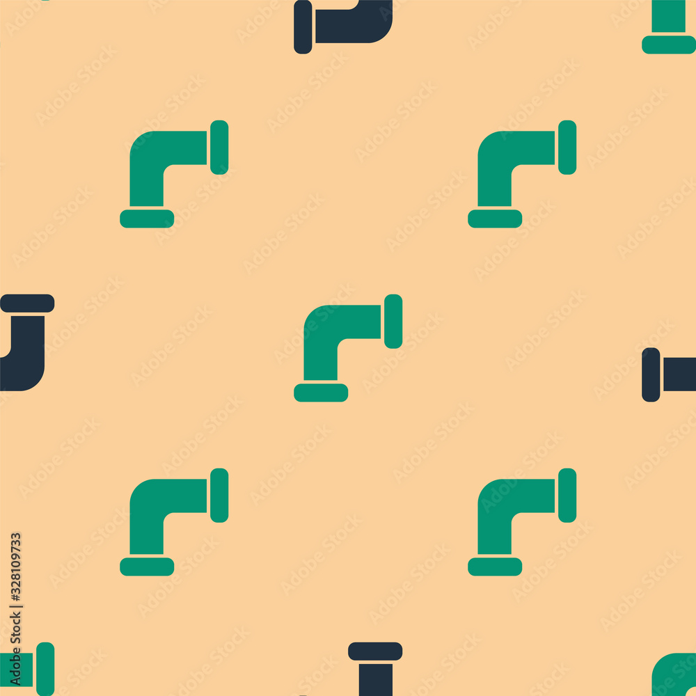 Green and black Industry metallic pipe icon isolated seamless pattern on beige background. Plumbing 