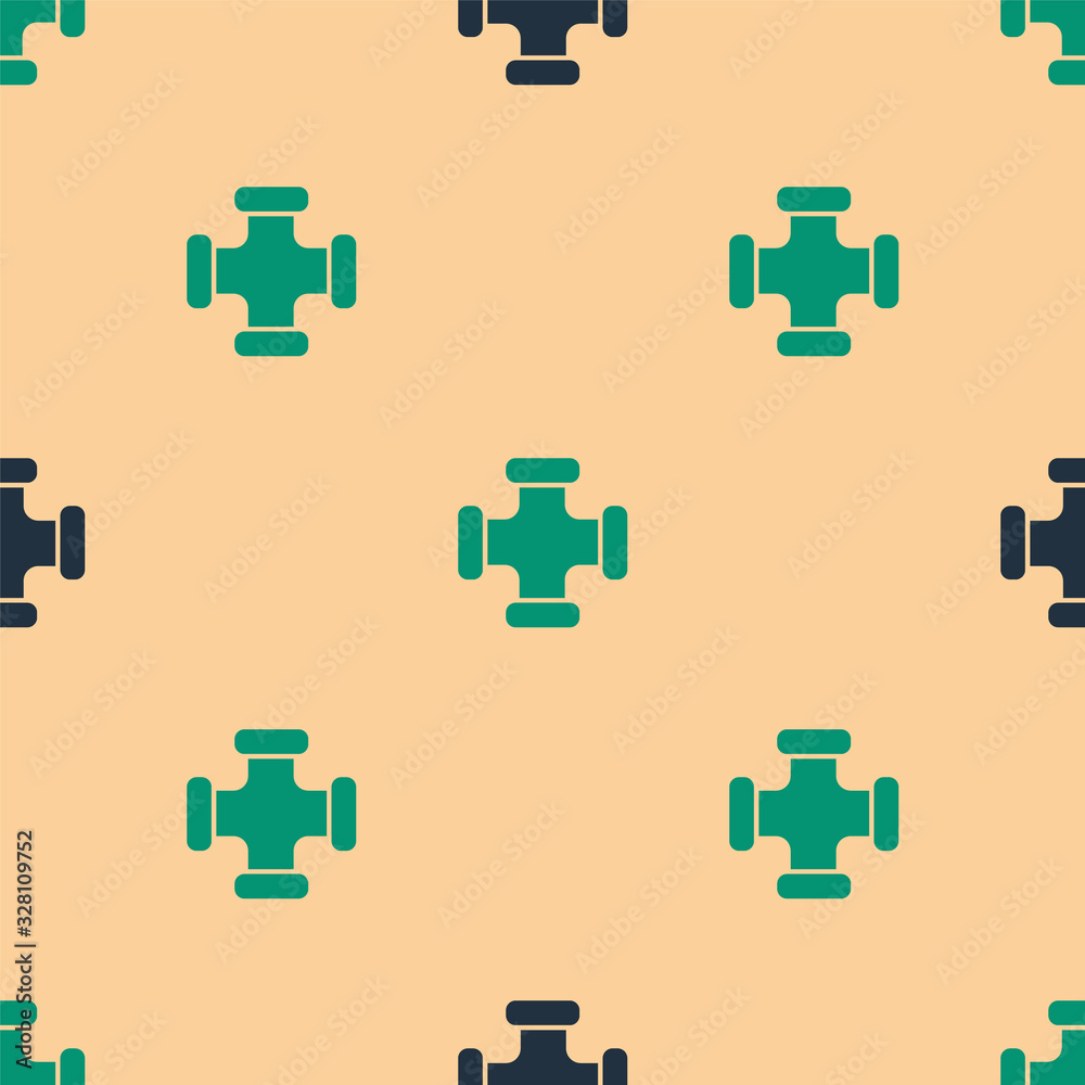 Green and black Industry metallic pipe icon isolated seamless pattern on beige background. Plumbing 