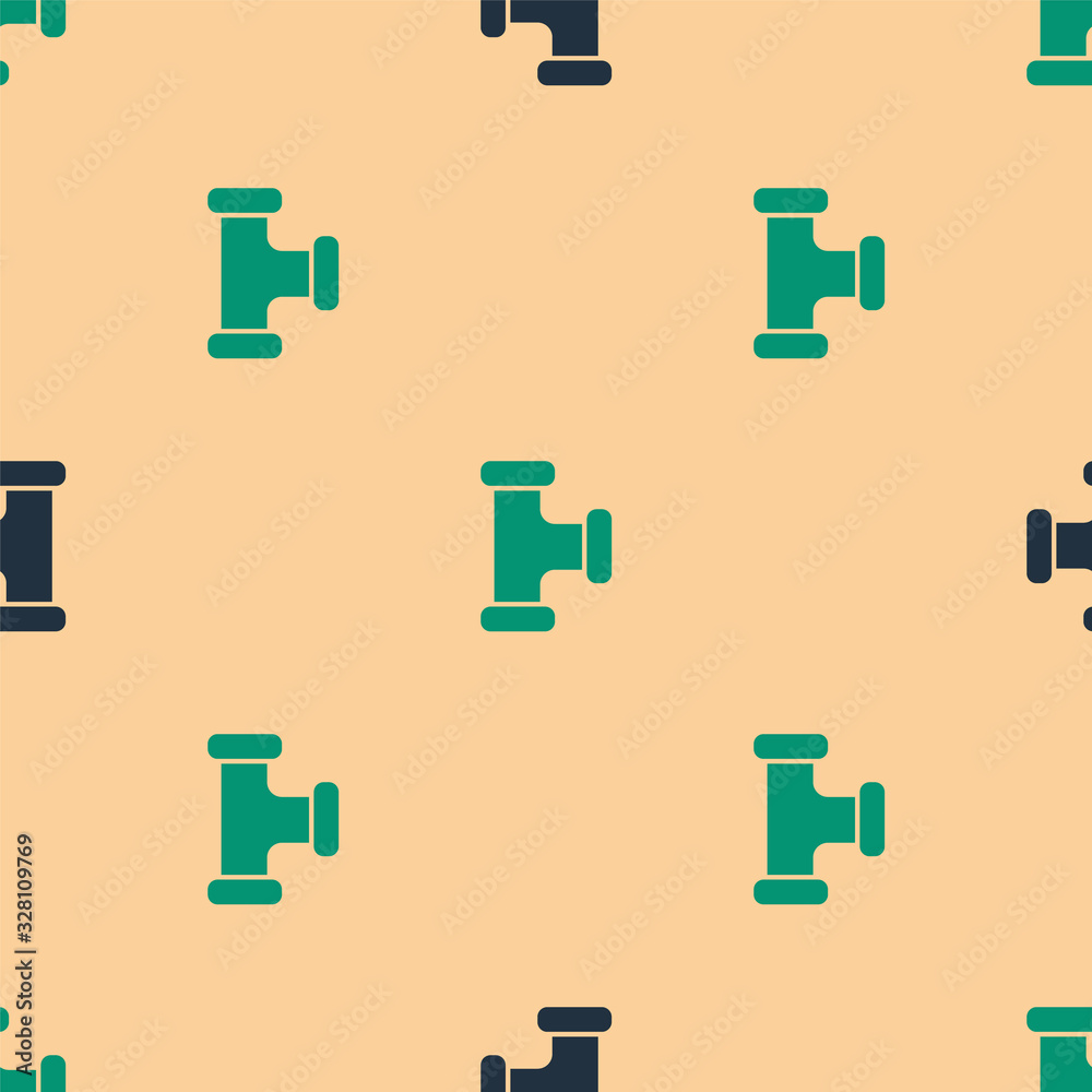 Green and black Industry metallic pipe icon isolated seamless pattern on beige background. Plumbing 