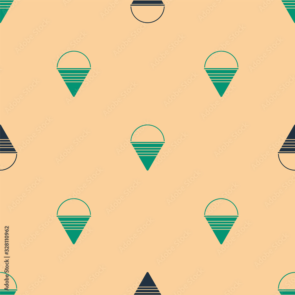 Green and black Fire cone bucket icon isolated seamless pattern on beige background. Metal cone buck