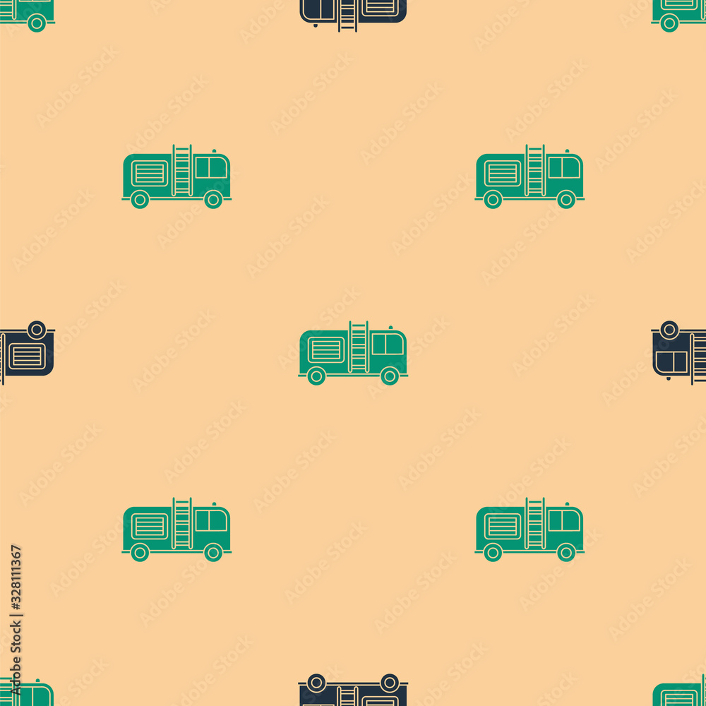 Green and black Fire truck icon isolated seamless pattern on beige background. Fire engine. Firefigh