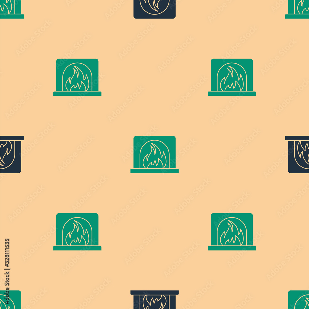 Green and black Interior fireplace icon isolated seamless pattern on beige background. Vector Illust