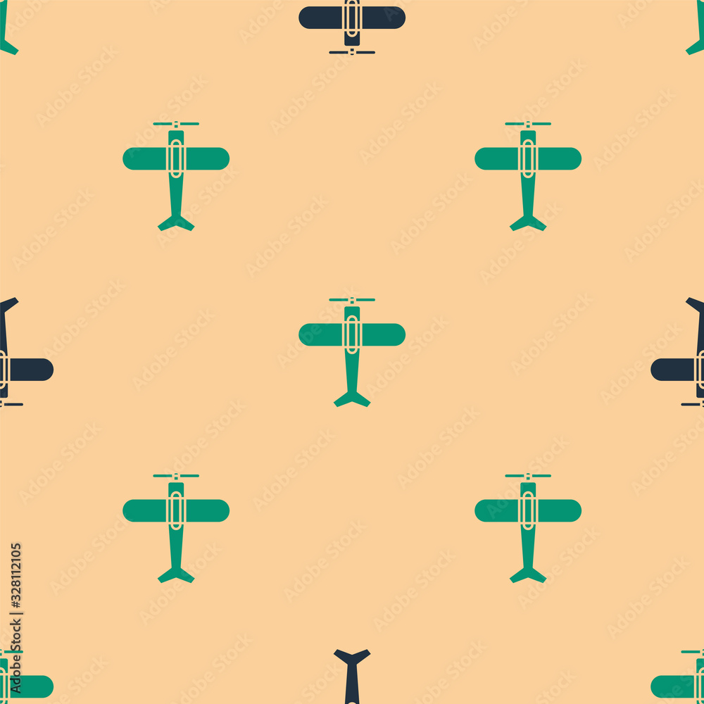 Green and black Plane icon isolated seamless pattern on beige background. Flying airplane icon. Airl